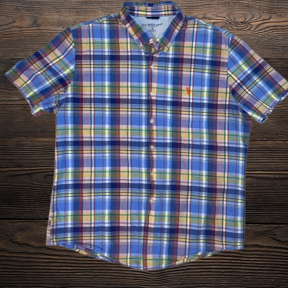 U.S. Polo Assn. Other - US Polo Assn Mens XL Plaid Button Down Shirt Short Sleeve Blue Yellow Cotton